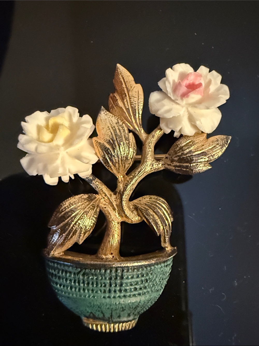 Gold-tone Floral Vase Pin with White and Pink Resin Flowers